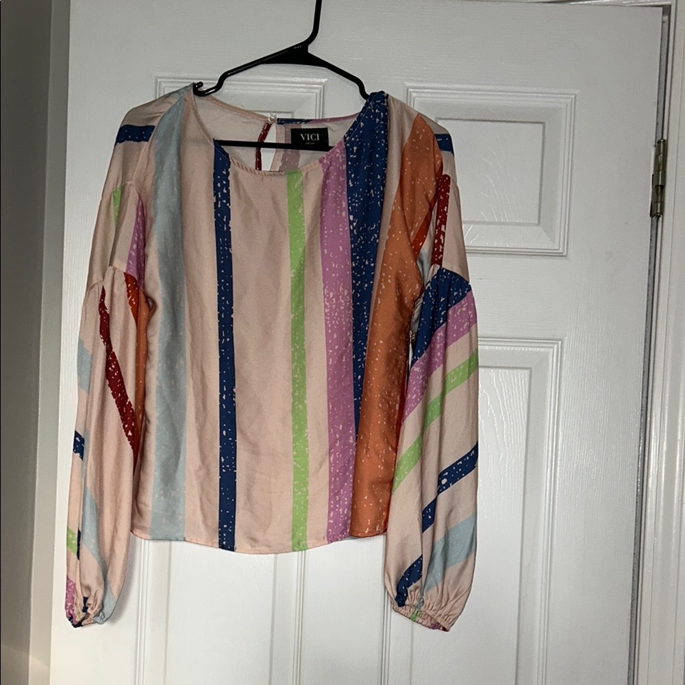 Vici Pink and Blue Long Sleeve Blouse with Cuffed Sleeves + Matching Bottom